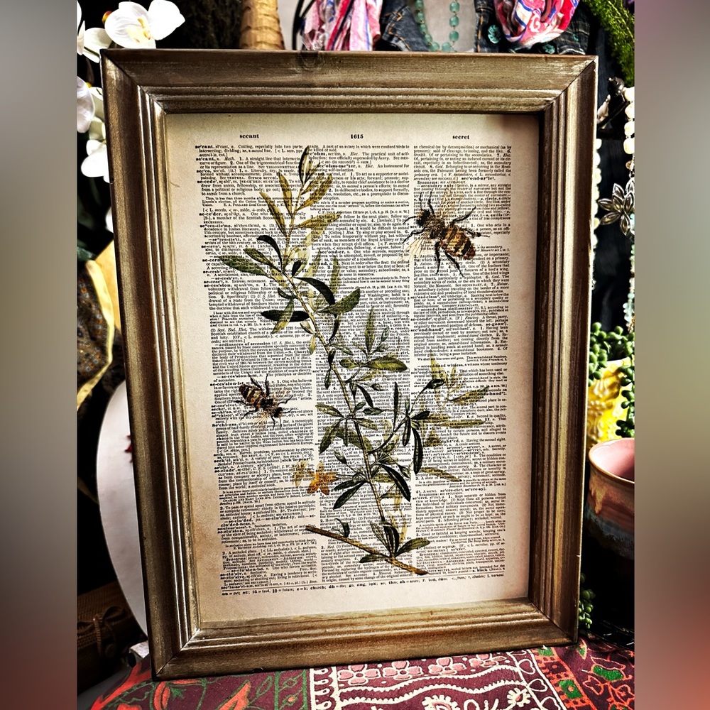 Art:  Book page with bees and botanicals